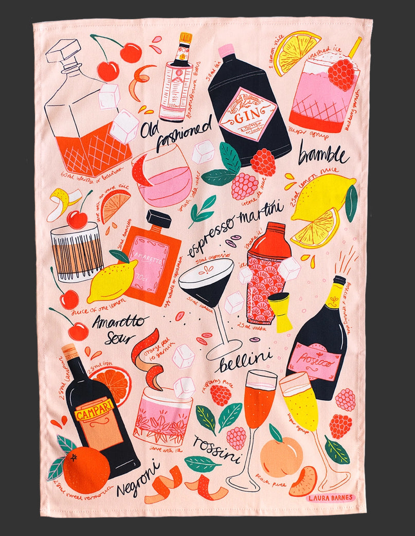 Laura Barnes Cocktail Pink Tea Towel