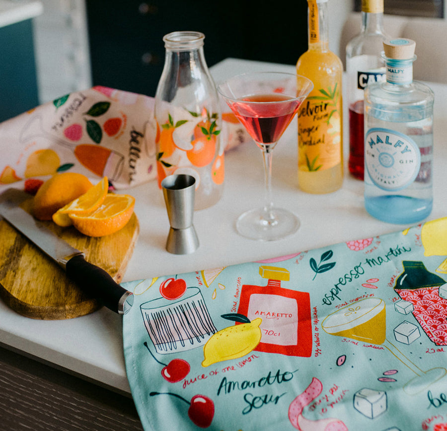 Laura Barnes Teal Cocktails Tea Towel