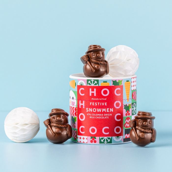 Chococo Festive Snowmen Tube 47% Colombia Milk Chocolate 100g