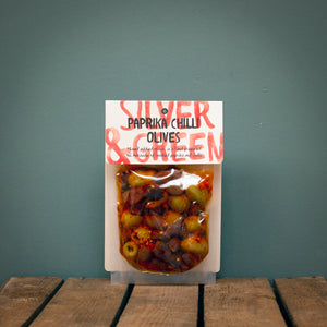 Silver & Green Paprika Chilli Olives 220g